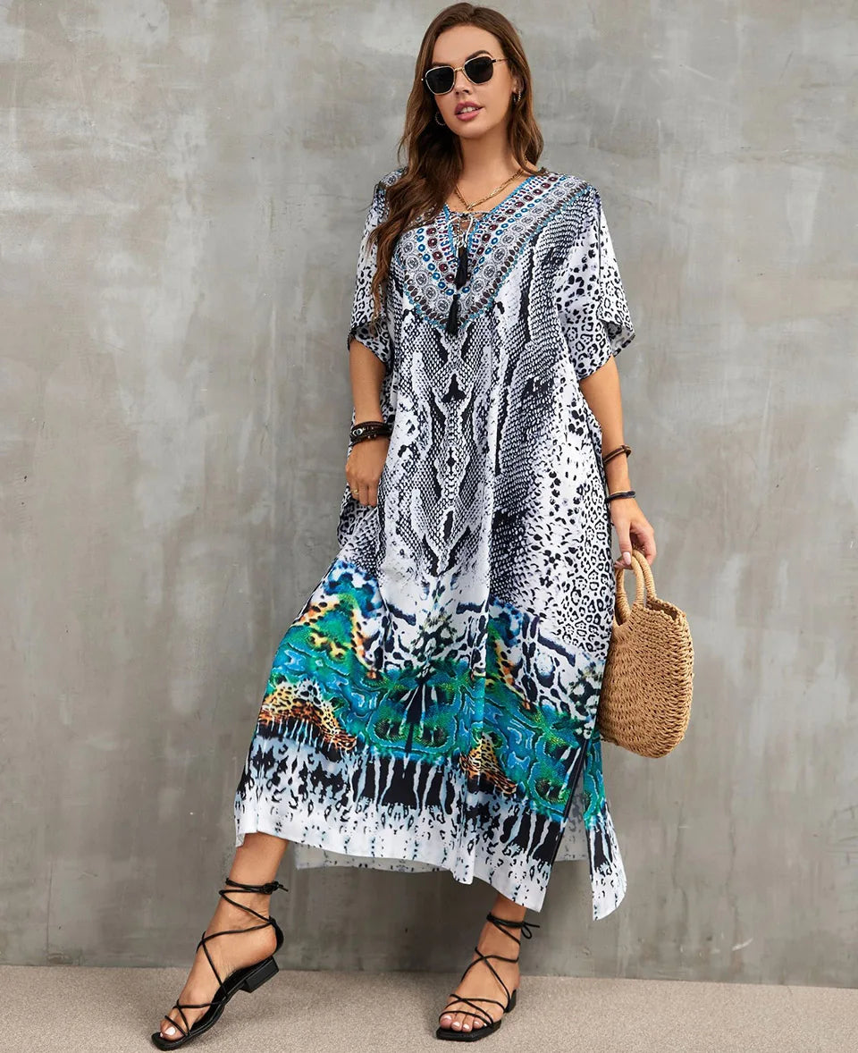2023 Priint Maxi Dress Beach Cover Up Kaftan Robe Plage Pareos V Neck Long Dresses Summer Women Bathing Suit Cover Up Beachwear