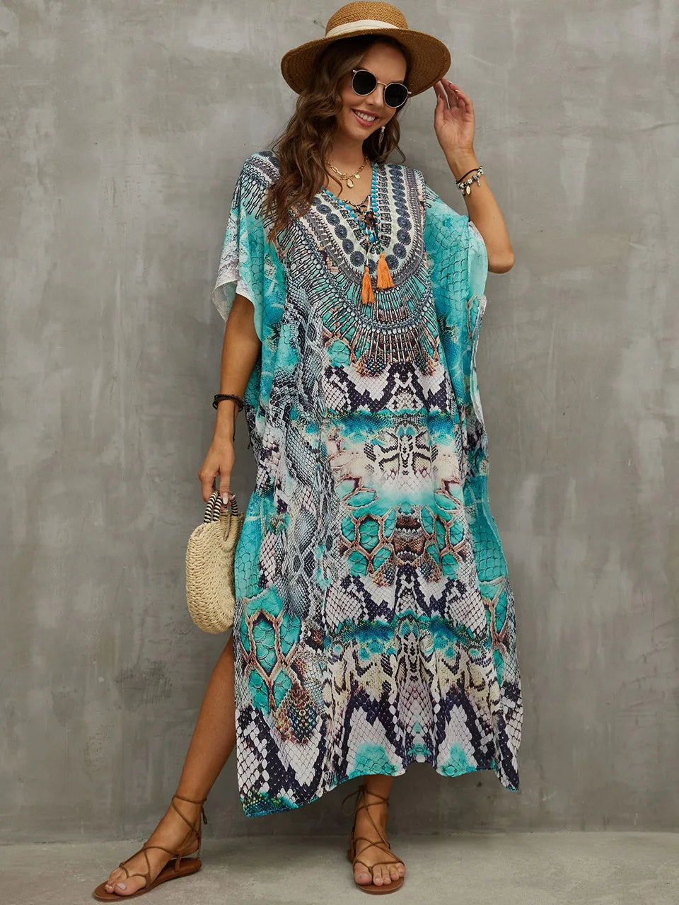 2023 Priint Maxi Dress Beach Cover Up Kaftan Robe Plage Pareos V Neck Long Dresses Summer Women Bathing Suit Cover Up Beachwear