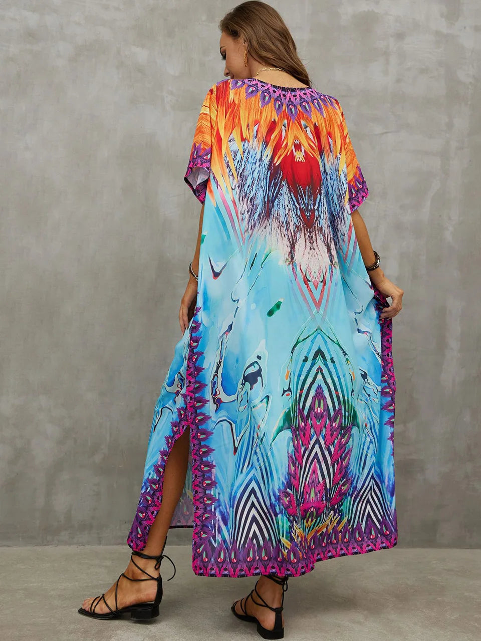 2023 Priint Maxi Dress Beach Cover Up Kaftan Robe Plage Pareos V Neck Long Dresses Summer Women Bathing Suit Cover Up Beachwear