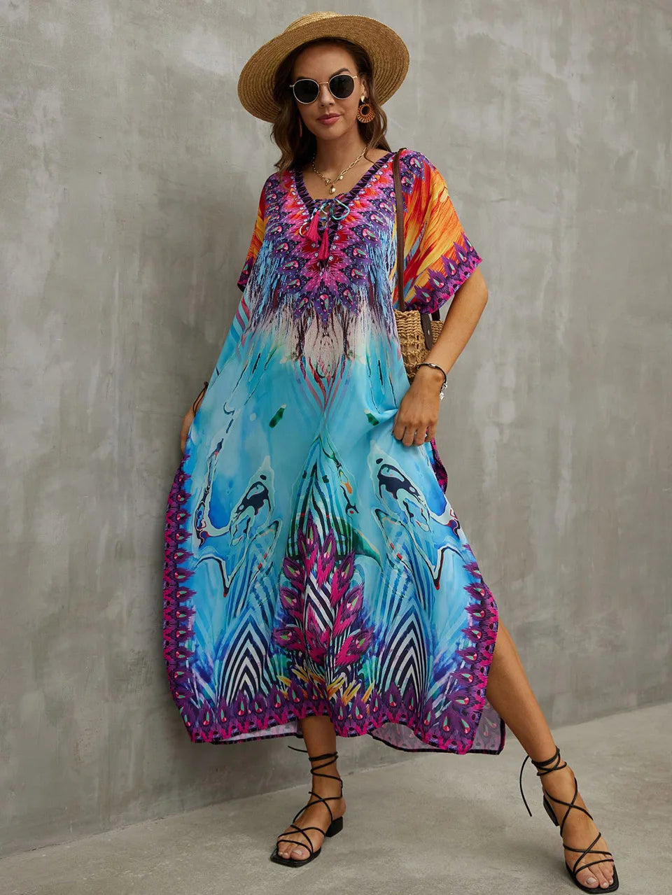 2023 Priint Maxi Dress Beach Cover Up Kaftan Robe Plage Pareos V Neck Long Dresses Summer Women Bathing Suit Cover Up Beachwear