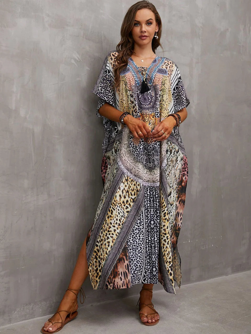 2023 Priint Maxi Dress Beach Cover Up Kaftan Robe Plage Pareos V Neck Long Dresses Summer Women Bathing Suit Cover Up Beachwear