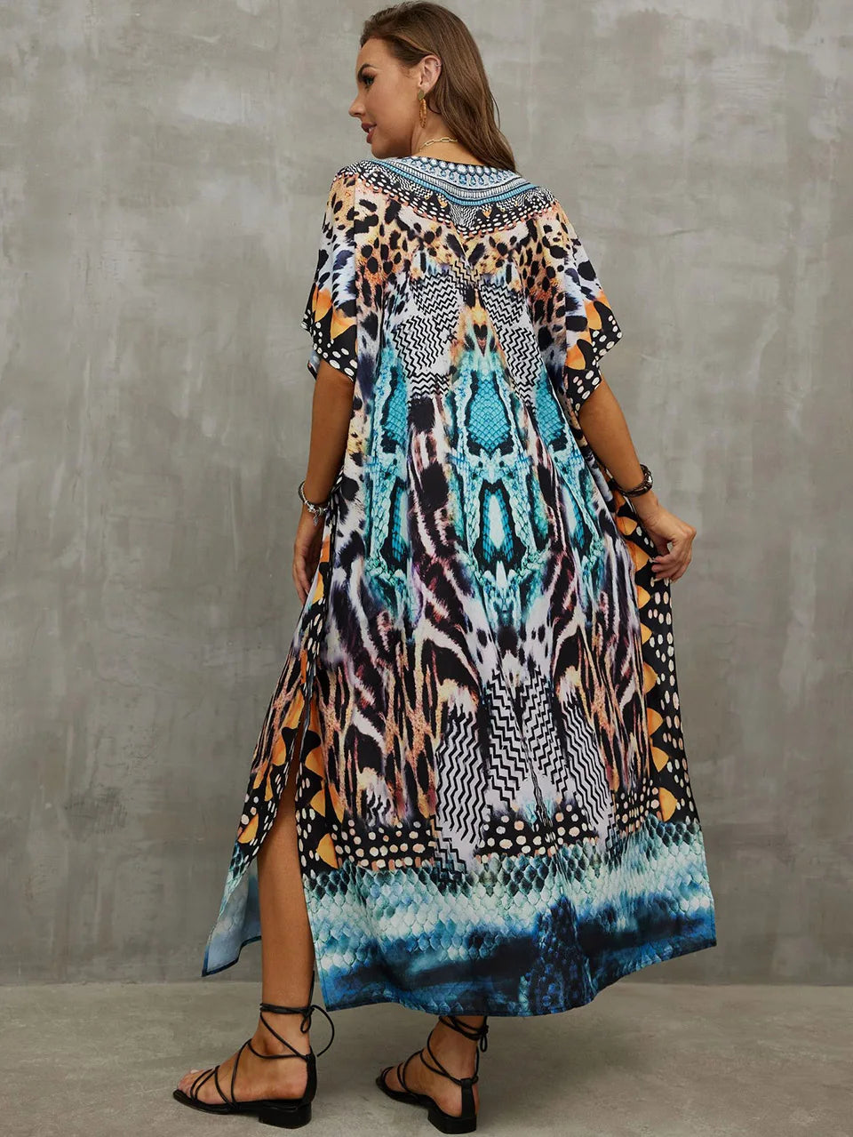 2023 Priint Maxi Dress Beach Cover Up Kaftan Robe Plage Pareos V Neck Long Dresses Summer Women Bathing Suit Cover Up Beachwear