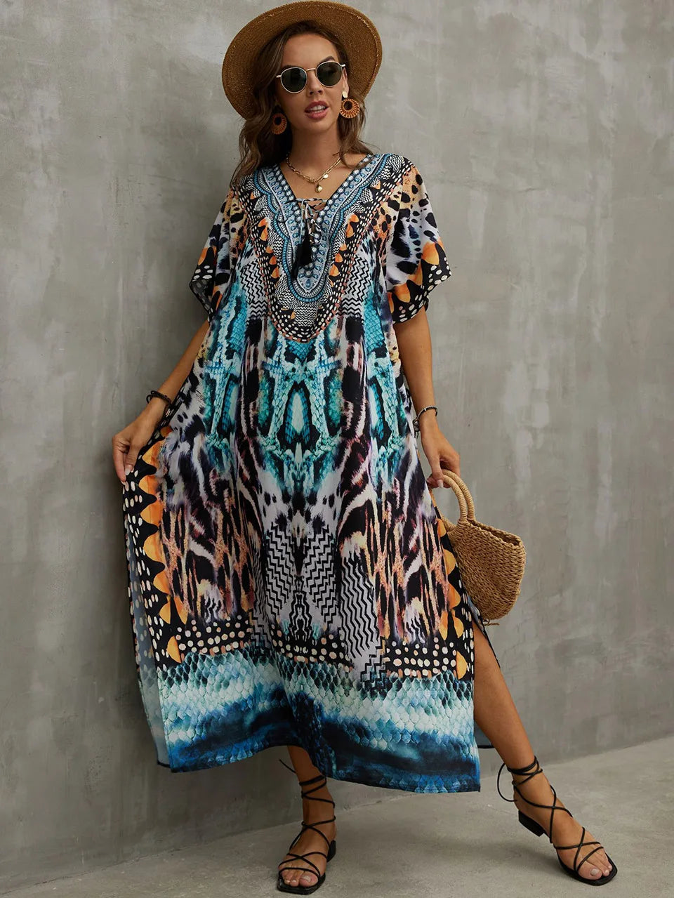 2023 Priint Maxi Dress Beach Cover Up Kaftan Robe Plage Pareos V Neck Long Dresses Summer Women Bathing Suit Cover Up Beachwear