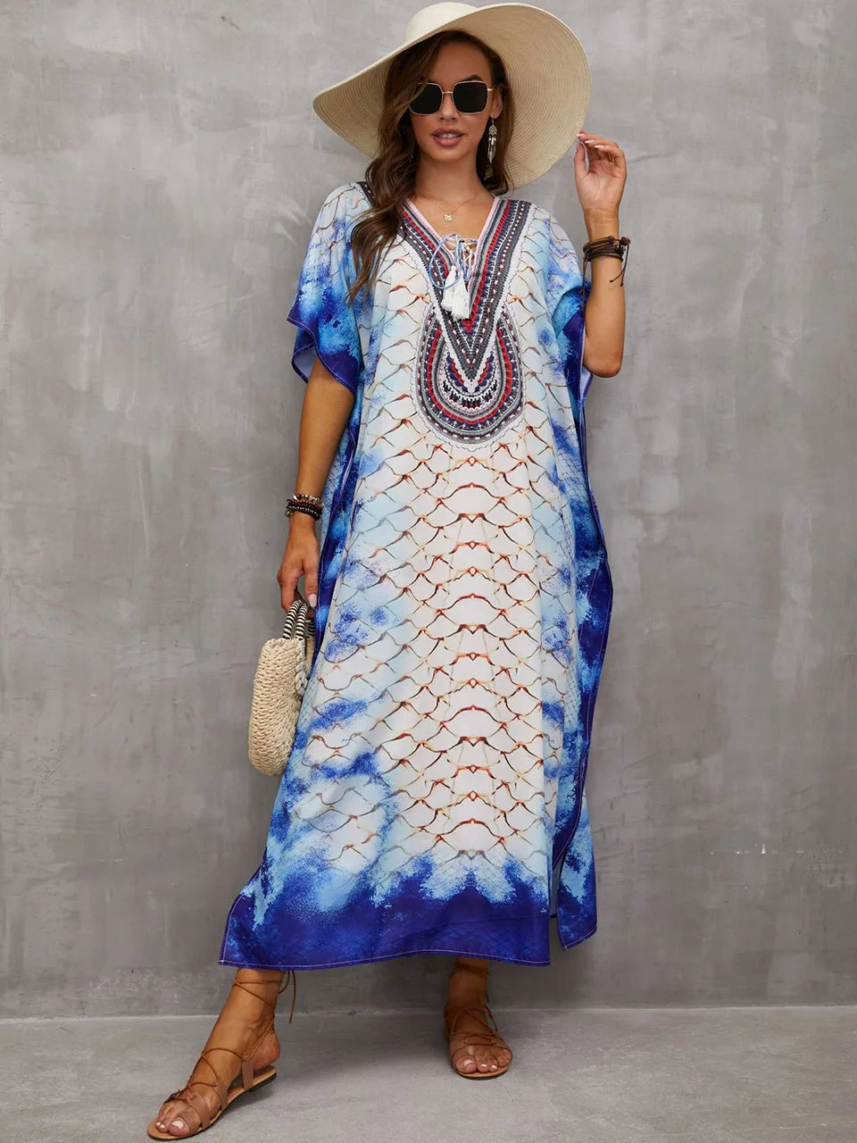 2023 Priint Maxi Dress Beach Cover Up Kaftan Robe Plage Pareos V Neck Long Dresses Summer Women Bathing Suit Cover Up Beachwear