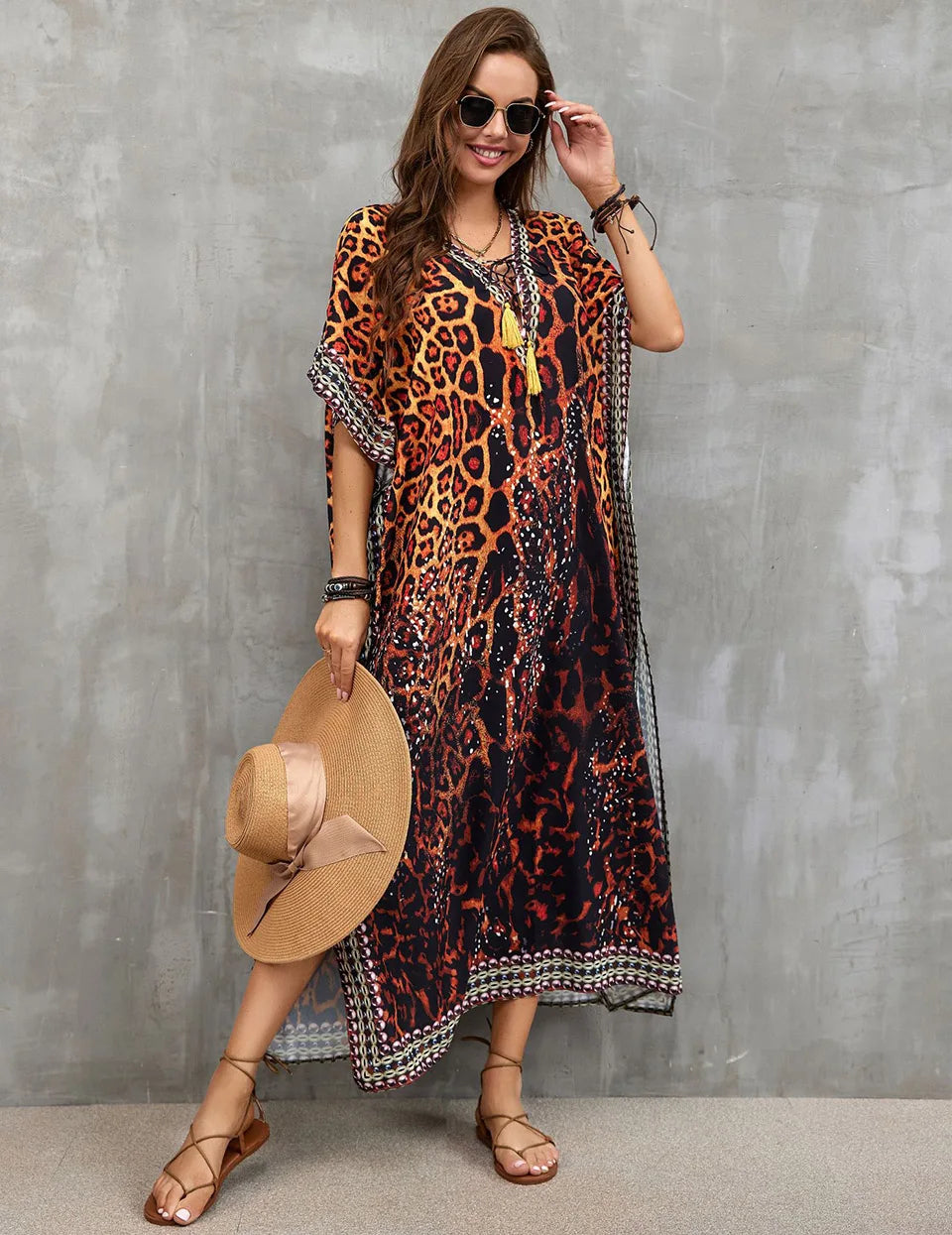 2023 Priint Maxi Dress Beach Cover Up Kaftan Robe Plage Pareos V Neck Long Dresses Summer Women Bathing Suit Cover Up Beachwear