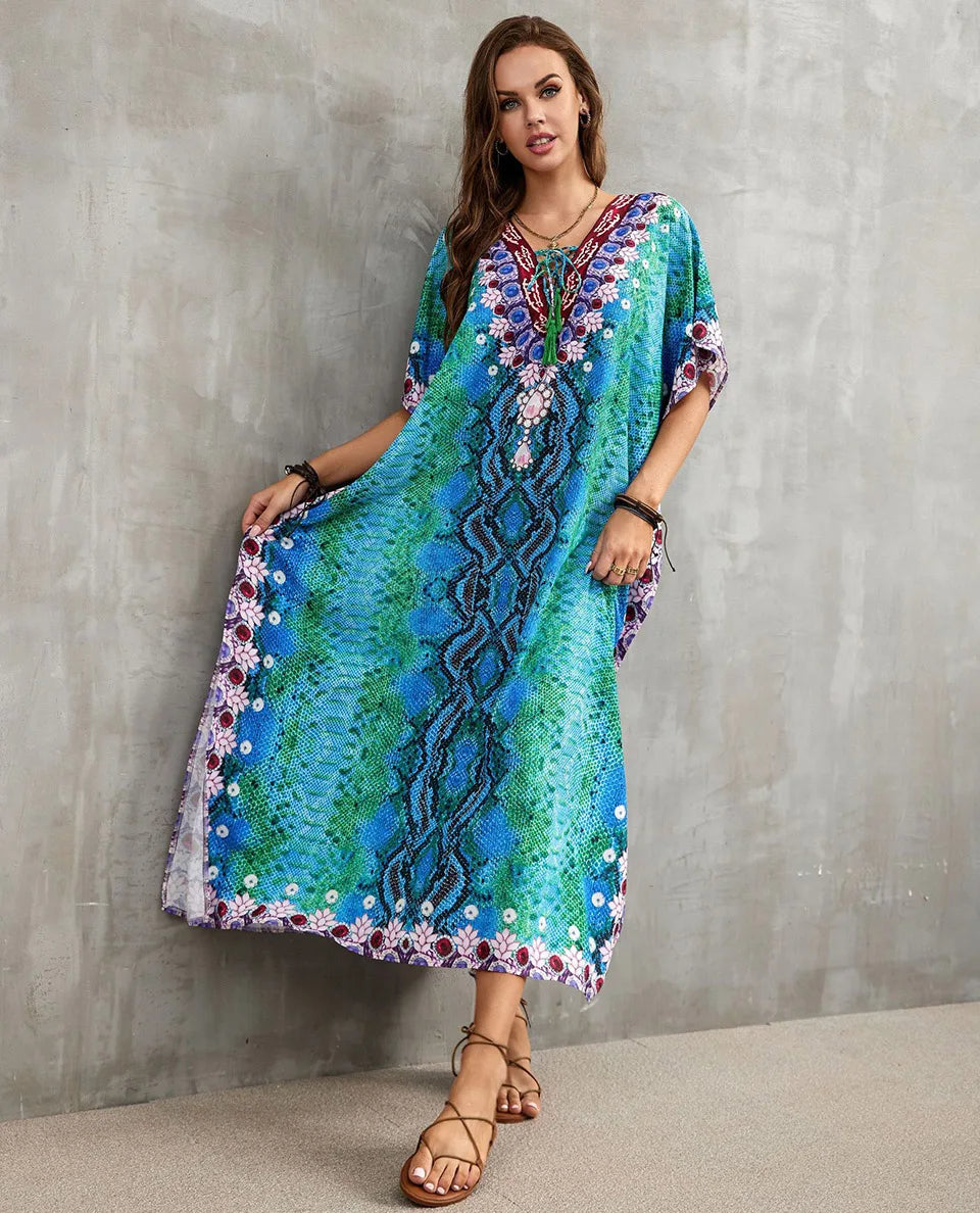 2023 Priint Maxi Dress Beach Cover Up Kaftan Robe Plage Pareos V Neck Long Dresses Summer Women Bathing Suit Cover Up Beachwear