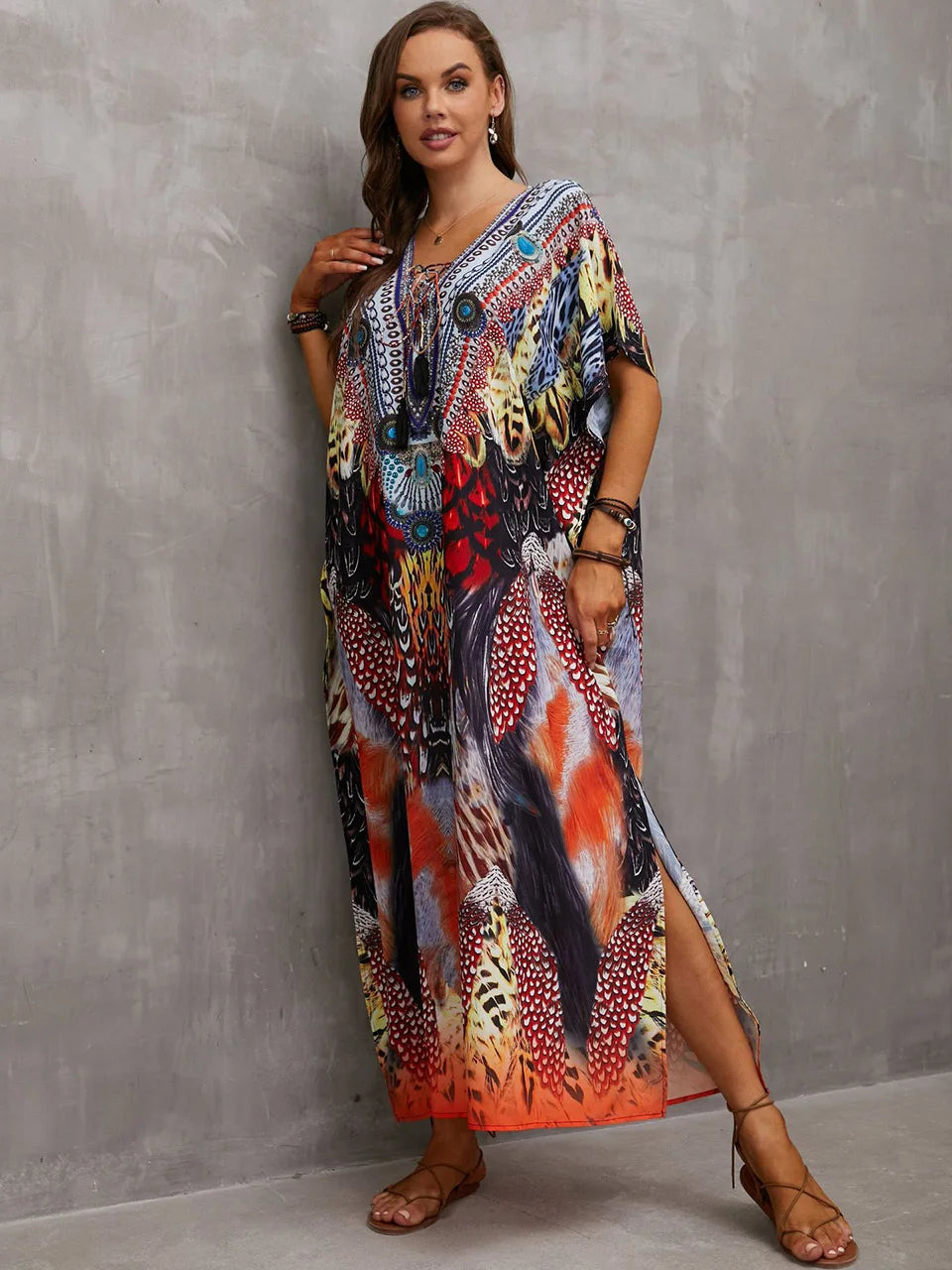 2023 Priint Maxi Dress Beach Cover Up Kaftan Robe Plage Pareos V Neck Long Dresses Summer Women Bathing Suit Cover Up Beachwear