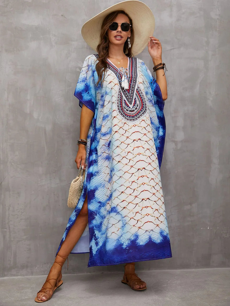 2023 Priint Maxi Dress Beach Cover Up Kaftan Robe Plage Pareos V Neck Long Dresses Summer Women Bathing Suit Cover Up Beachwear