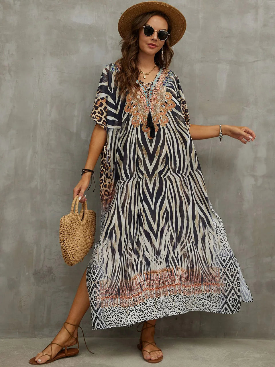 2023 Priint Maxi Dress Beach Cover Up Kaftan Robe Plage Pareos V Neck Long Dresses Summer Women Bathing Suit Cover Up Beachwear