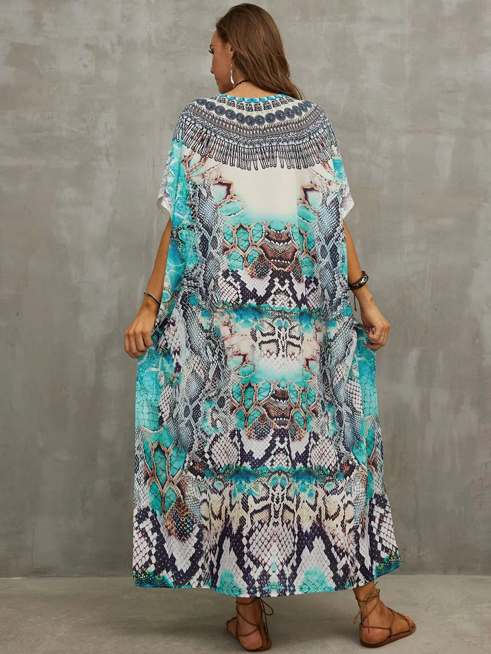 2023 Priint Maxi Dress Beach Cover Up Kaftan Robe Plage Pareos V Neck Long Dresses Summer Women Bathing Suit Cover Up Beachwear