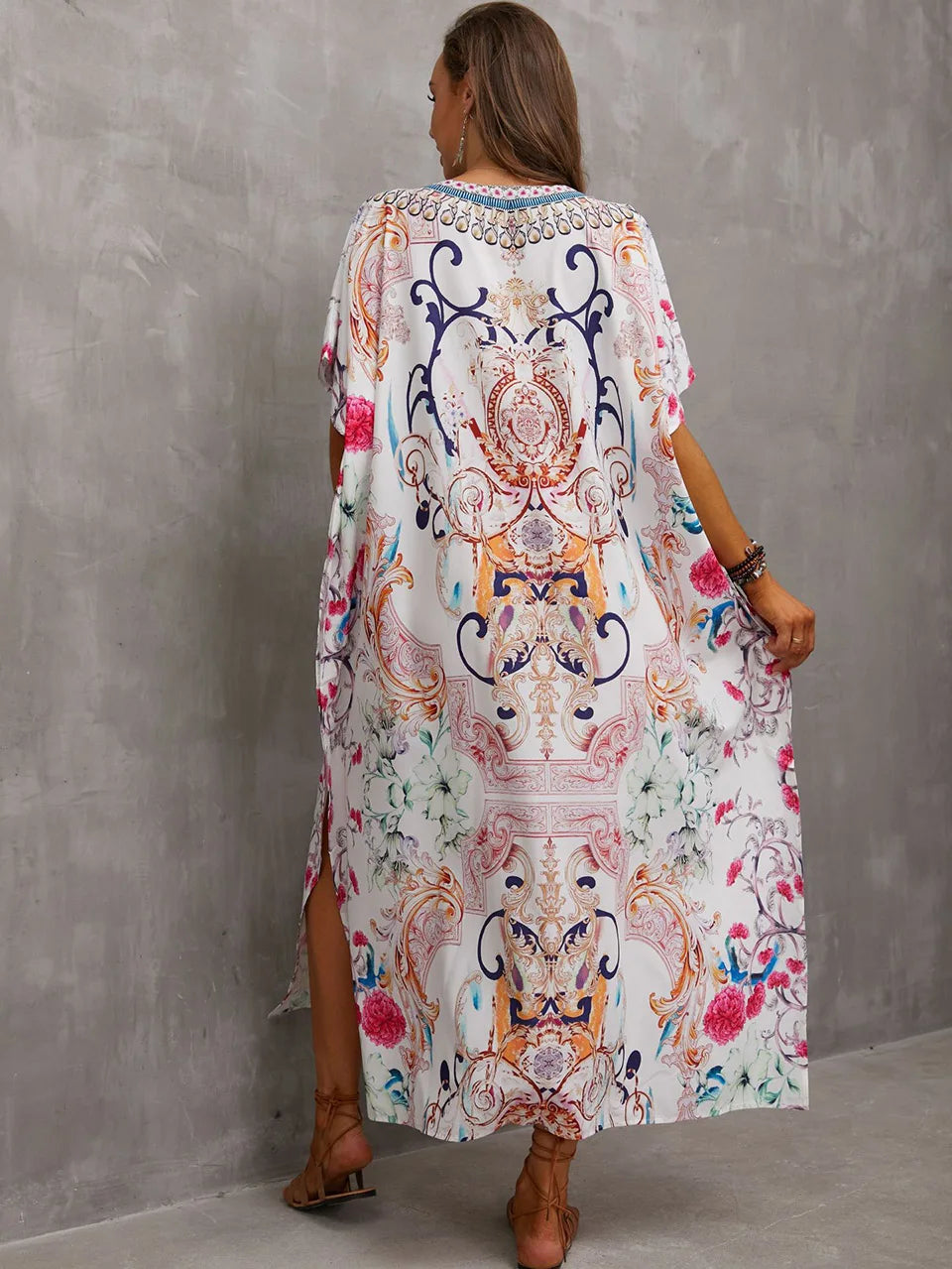 2023 Priint Maxi Dress Beach Cover Up Kaftan Robe Plage Pareos V Neck Long Dresses Summer Women Bathing Suit Cover Up Beachwear