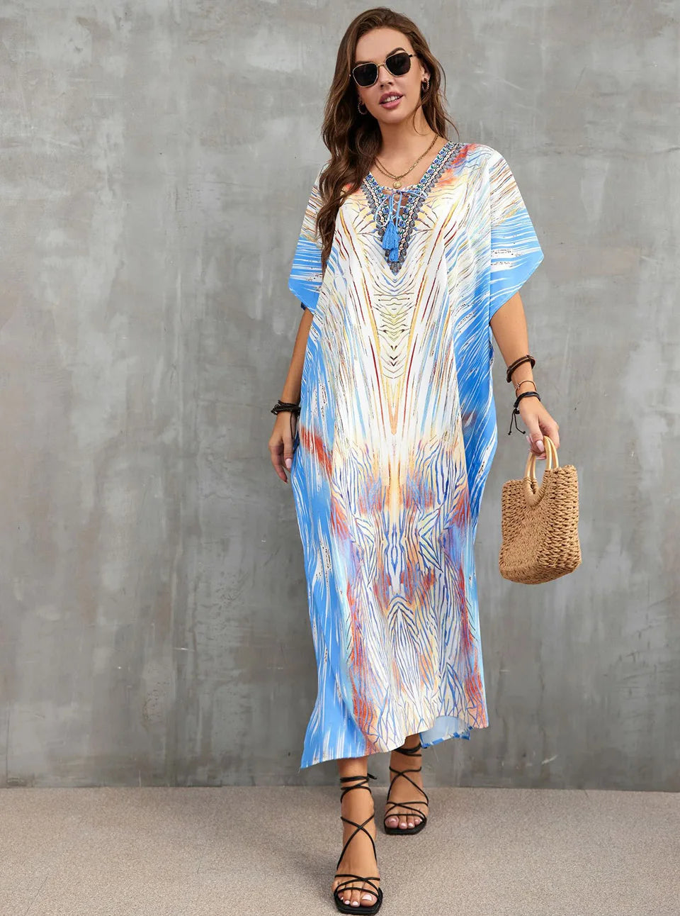 2023 Priint Maxi Dress Beach Cover Up Kaftan Robe Plage Pareos V Neck Long Dresses Summer Women Bathing Suit Cover Up Beachwear