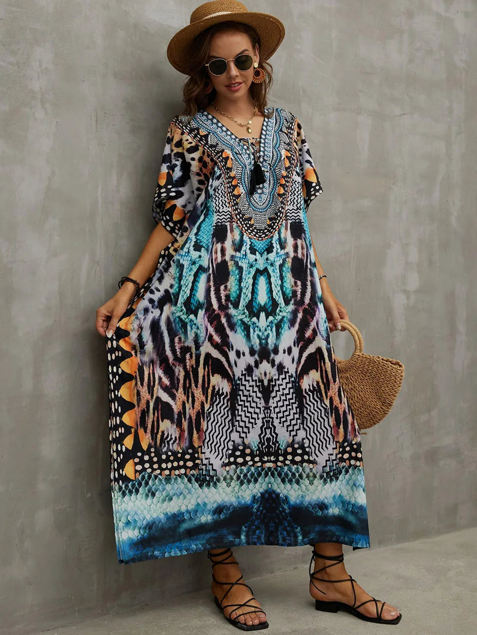 2023 Priint Maxi Dress Beach Cover Up Kaftan Robe Plage Pareos V Neck Long Dresses Summer Women Bathing Suit Cover Up Beachwear