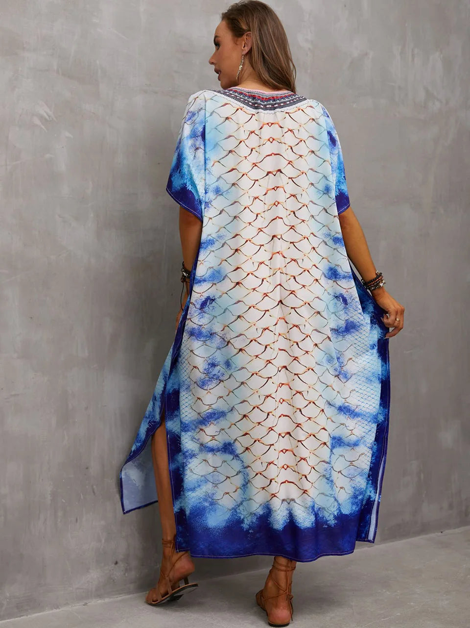 2023 Priint Maxi Dress Beach Cover Up Kaftan Robe Plage Pareos V Neck Long Dresses Summer Women Bathing Suit Cover Up Beachwear