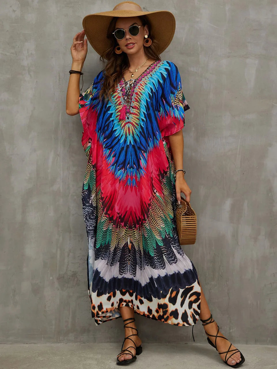 2023 Priint Maxi Dress Beach Cover Up Kaftan Robe Plage Pareos V Neck Long Dresses Summer Women Bathing Suit Cover Up Beachwear