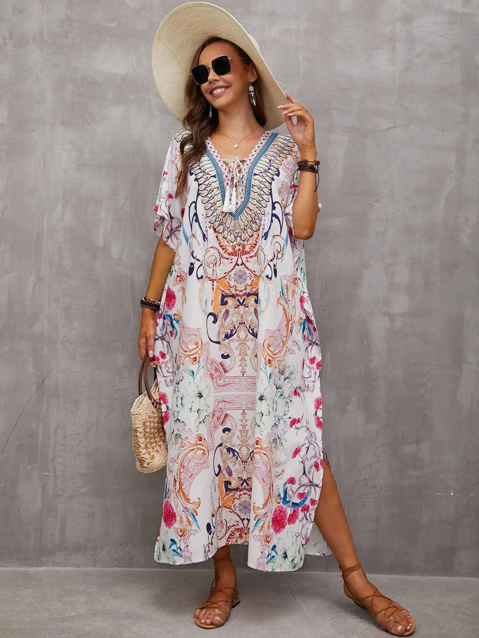 2023 Priint Maxi Dress Beach Cover Up Kaftan Robe Plage Pareos V Neck Long Dresses Summer Women Bathing Suit Cover Up Beachwear