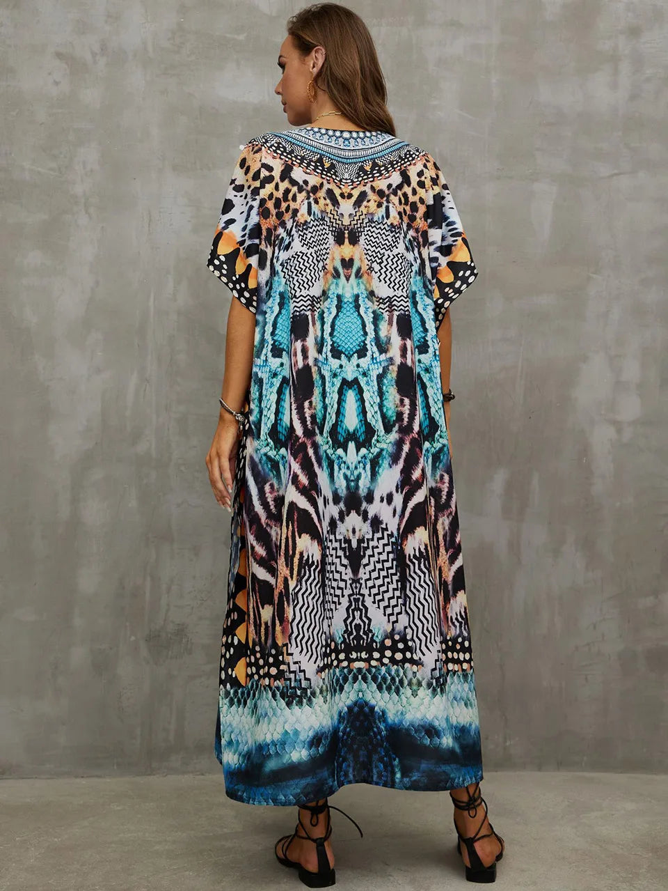 2023 Priint Maxi Dress Beach Cover Up Kaftan Robe Plage Pareos V Neck Long Dresses Summer Women Bathing Suit Cover Up Beachwear