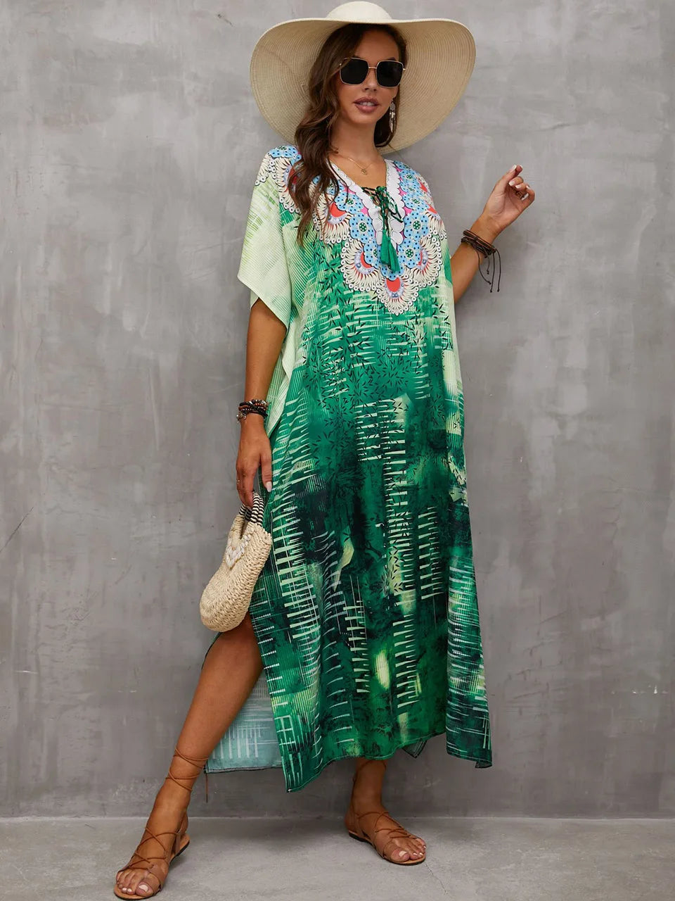 2023 Priint Maxi Dress Beach Cover Up Kaftan Robe Plage Pareos V Neck Long Dresses Summer Women Bathing Suit Cover Up Beachwear