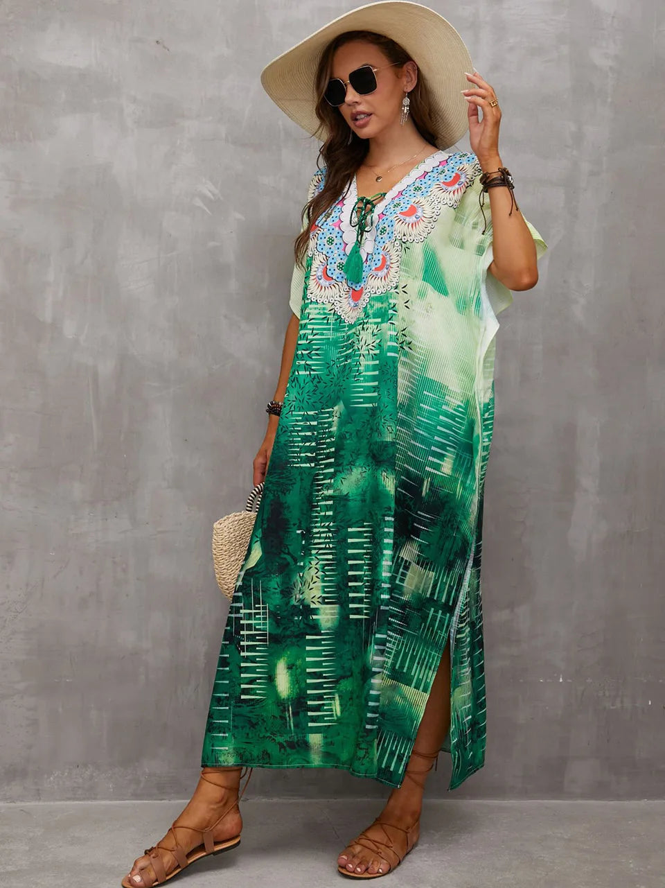 2023 Priint Maxi Dress Beach Cover Up Kaftan Robe Plage Pareos V Neck Long Dresses Summer Women Bathing Suit Cover Up Beachwear